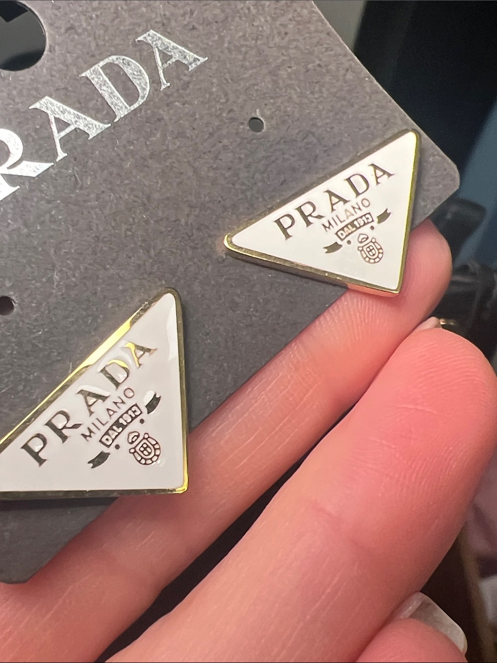 Prada White and Gold Triangle Logo Earrings
